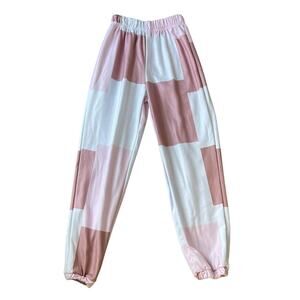 Small White & Pink Colorblock Fleece Jogger Sweatpants Pull On Elastic Waist